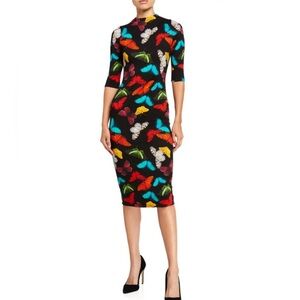 Alice + Olivia Delora Black Butterfly Fitted Midi Dress